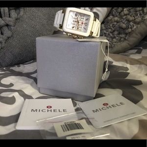 Michele White Ceramic Watch with Gold-Tone Accents